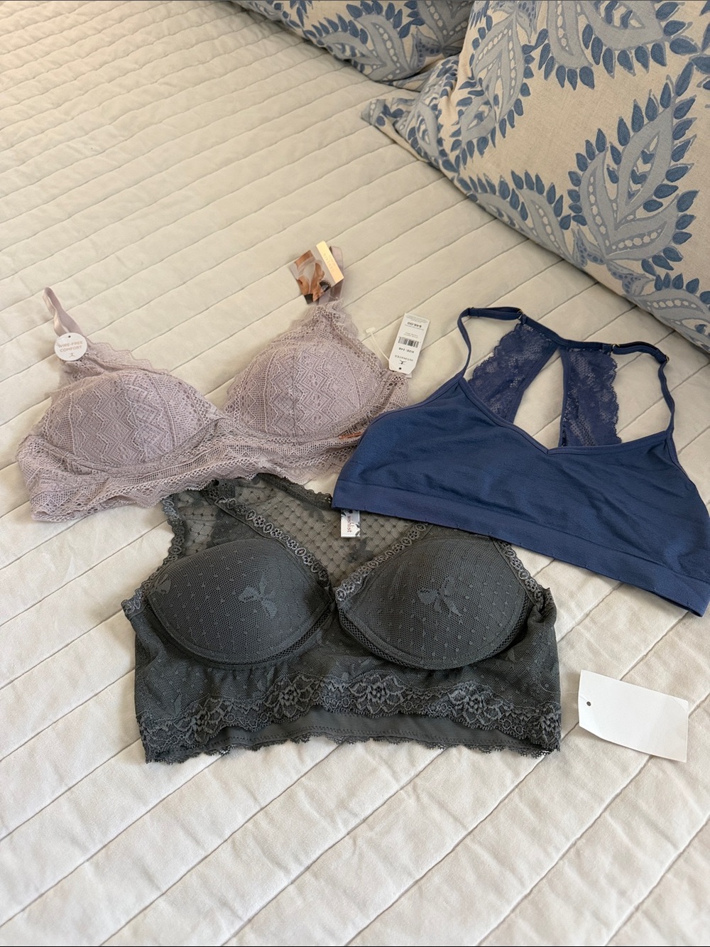 aerie Lace & Racerback Bralette Trio in Lavender, Navy & Charcoal